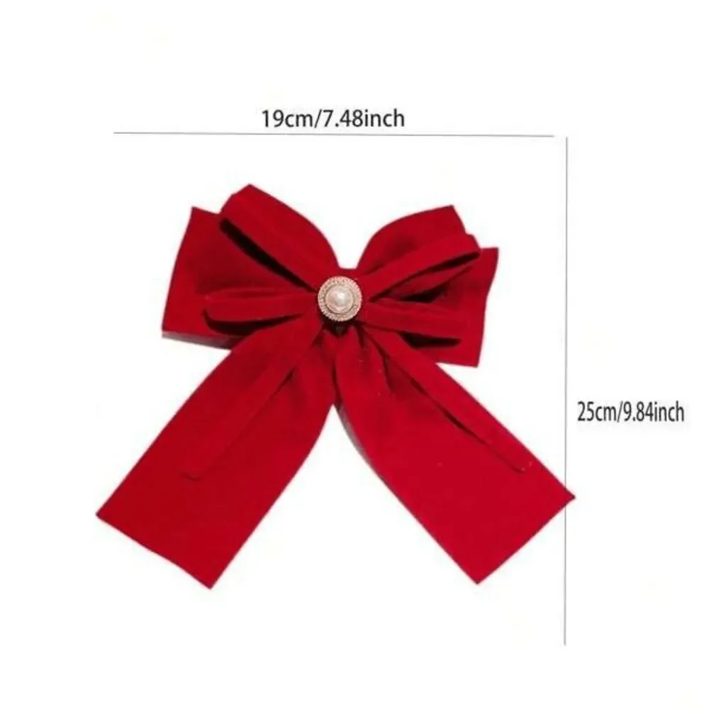 🎀 Red Velvet Pearl Accent Big Bow Hair Accessories Barrette Clip NEW